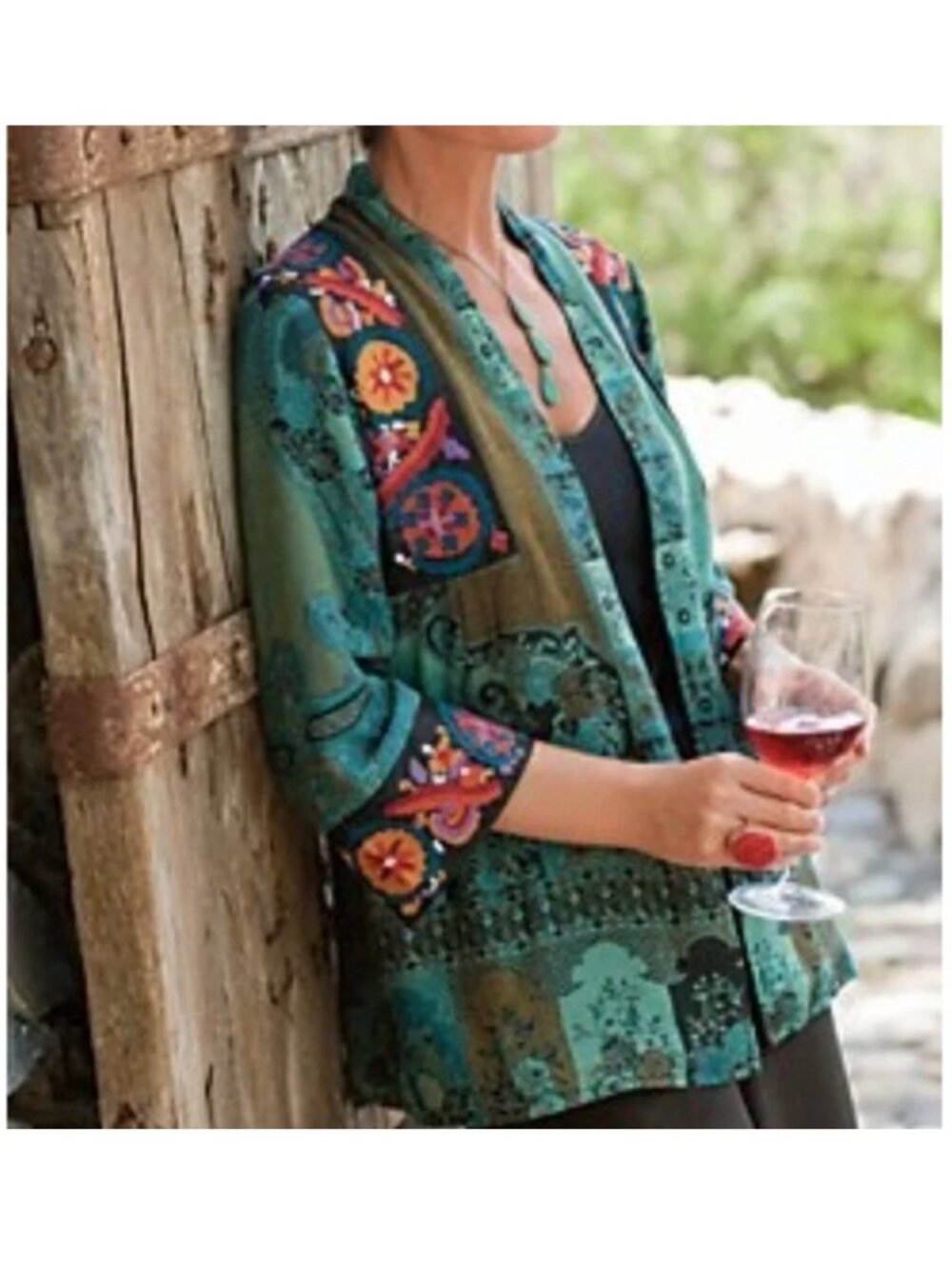 Soft Surroundings Istanbul Boho Teal Brocade Embroidered Kimono Cover Jacket L